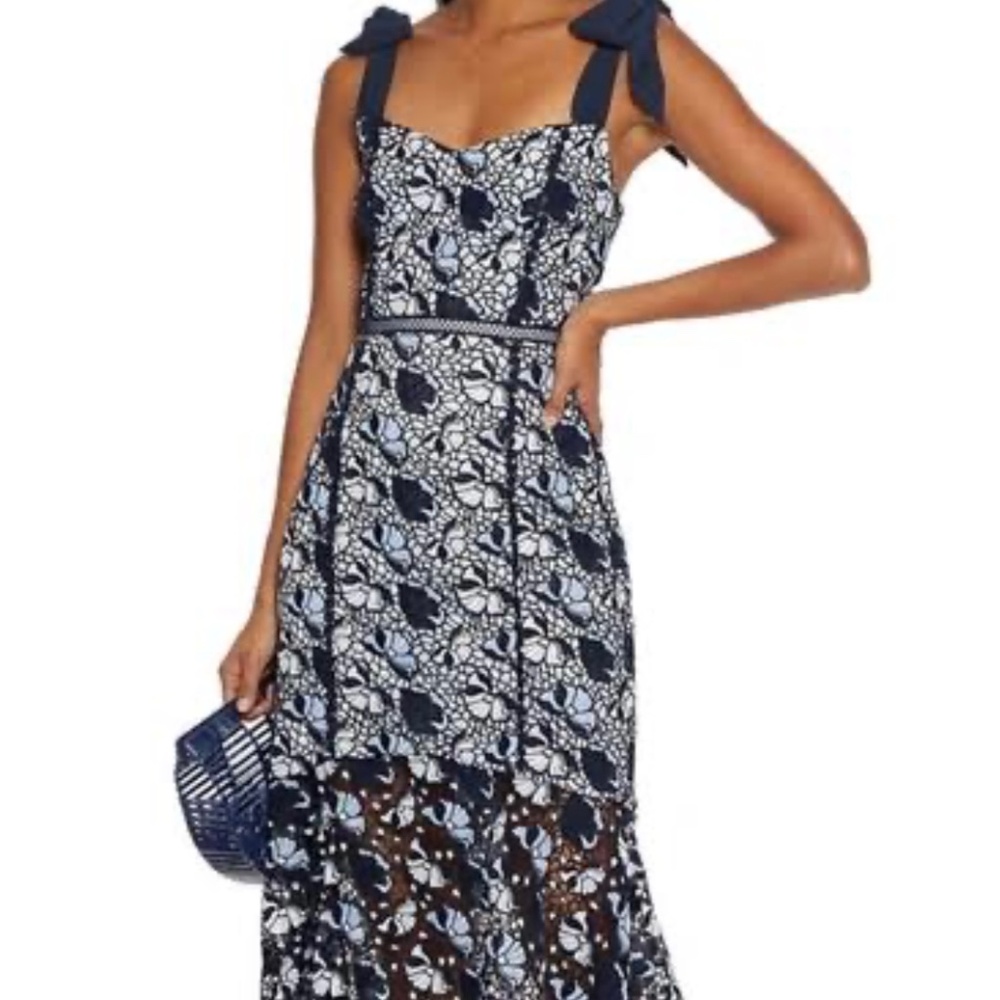 ML Monique Llhuillier navy fluted guipure bow detail dress